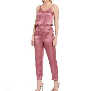 Chelsea & Violet Pink Liquid Satin V-Neck Lace Inset Jumpsuit Size XS